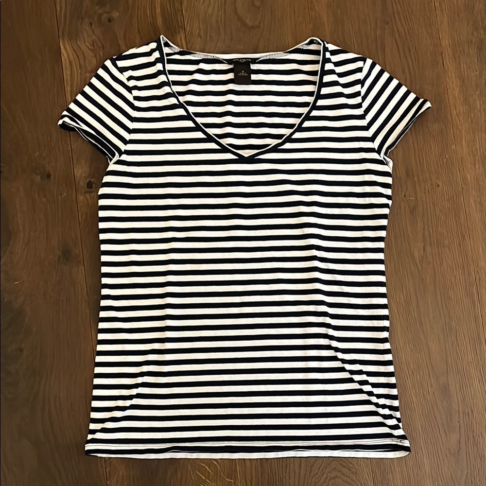 Ann Taylor Navy and White Fitted Cap Sleeve Tee